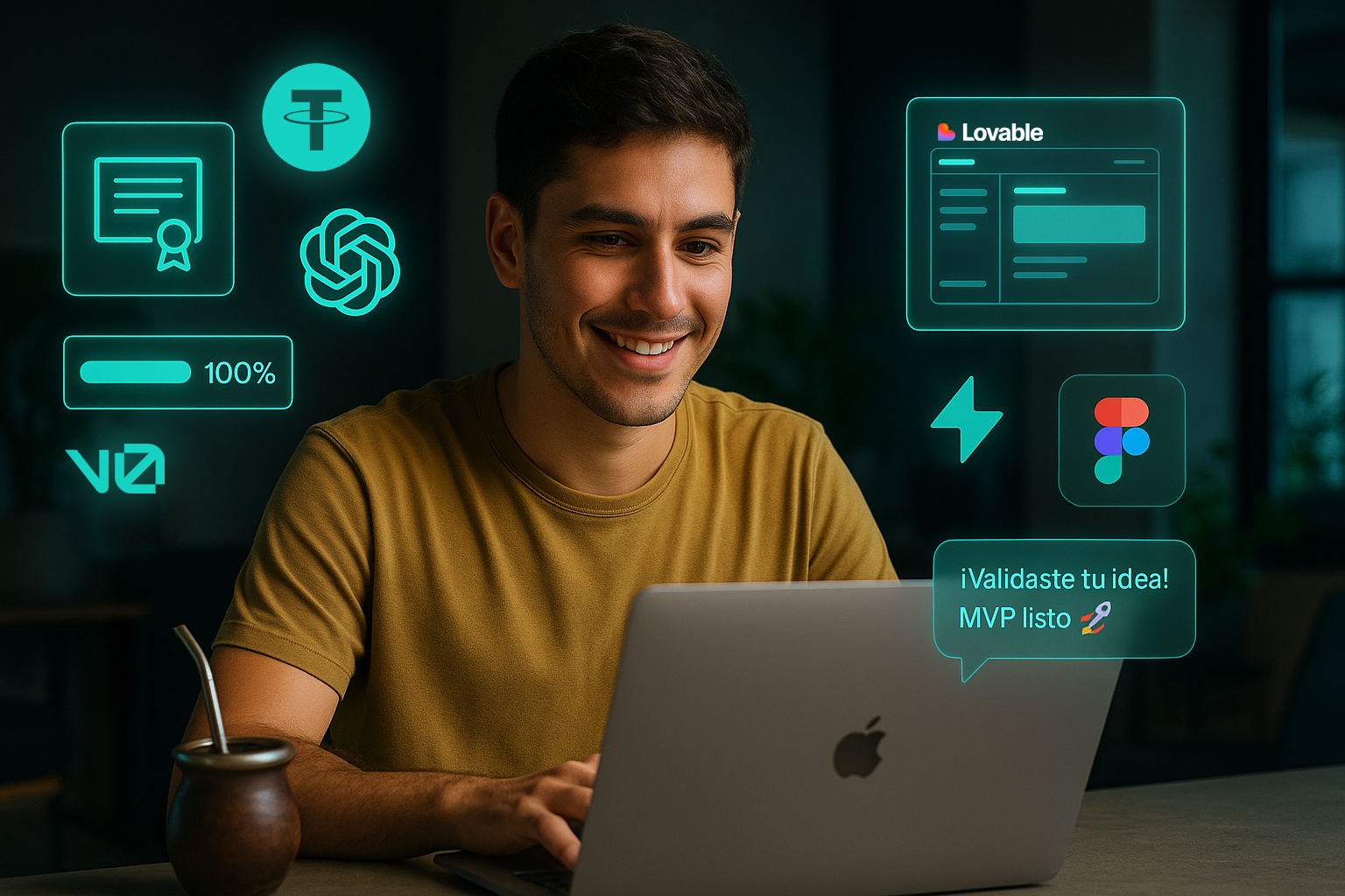 Emprendedor trabajando con herramientas de IA para lanzar productos digitales
